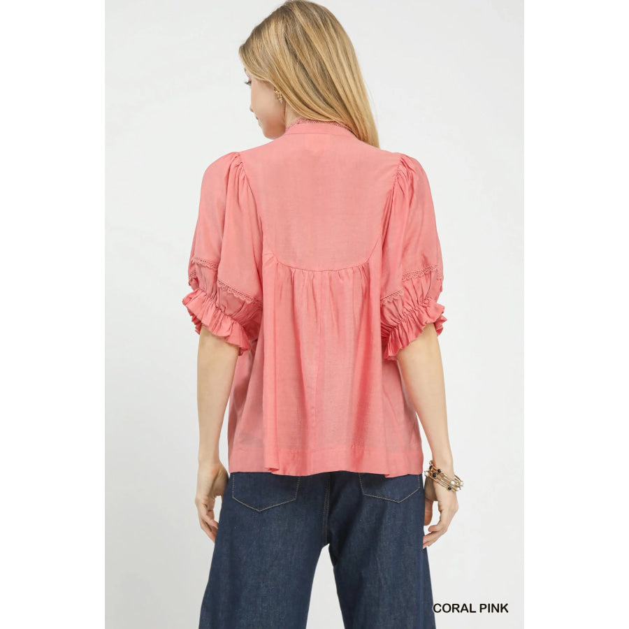 Umgee Smocked Yoke Blouse with Ruffle Sleeves Apparel and Accessories