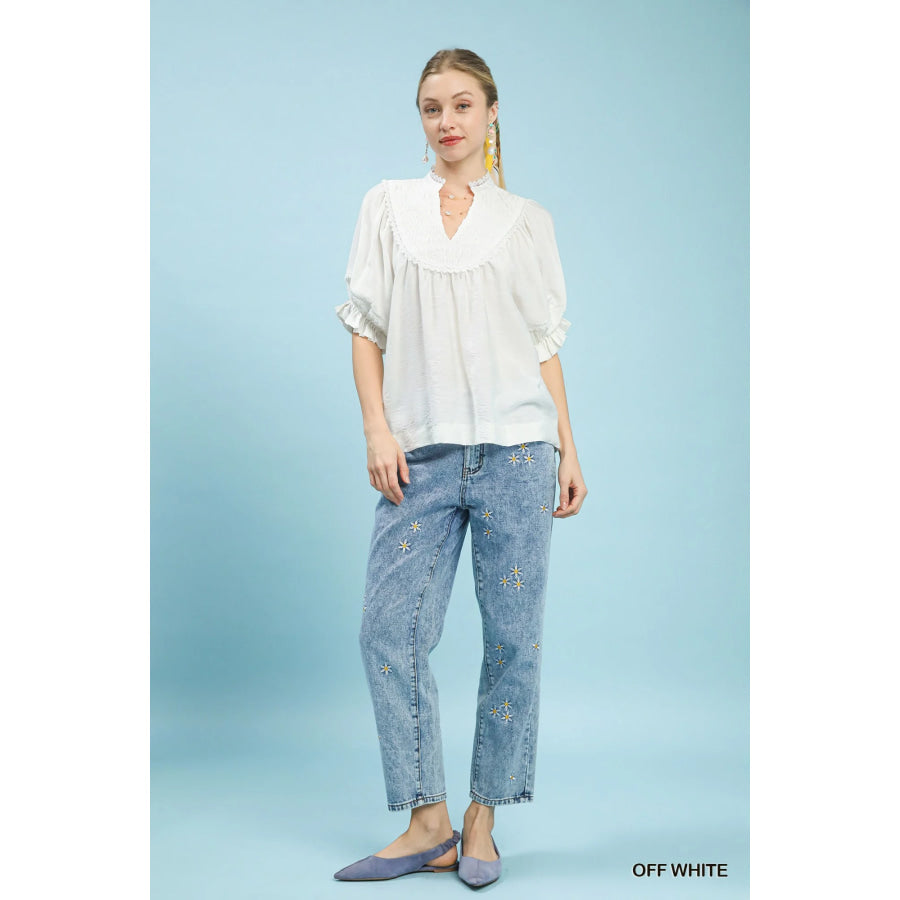Umgee Smocked Yoke Blouse with Ruffle Sleeves Apparel and Accessories
