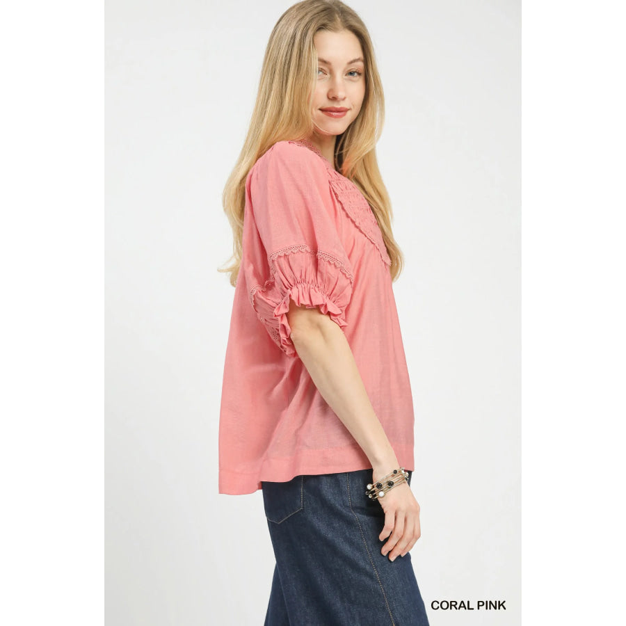 Umgee Smocked Yoke Blouse with Ruffle Sleeves CORAL PINK / S Apparel and Accessories
