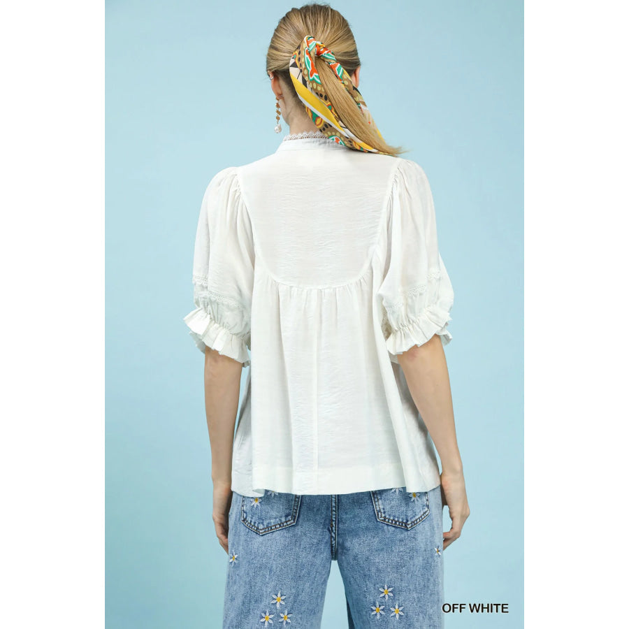 Umgee Smocked Yoke Blouse with Ruffle Sleeves Apparel and Accessories