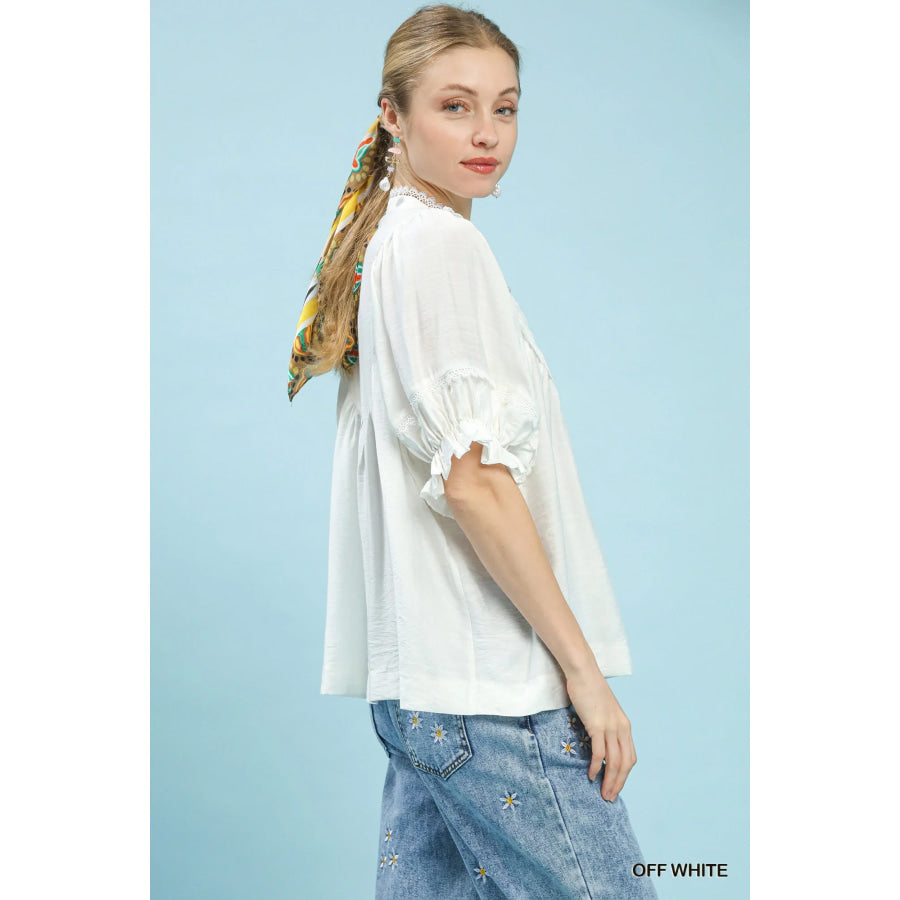 Umgee Smocked Yoke Blouse with Ruffle Sleeves Apparel and Accessories