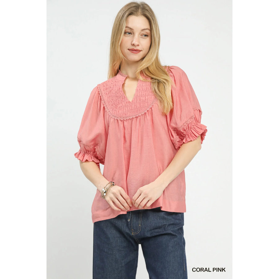 Umgee Smocked Yoke Blouse with Ruffle Sleeves CORAL PINK / S Apparel and Accessories
