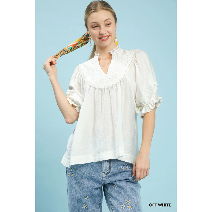 Umgee Smocked Yoke Blouse with Ruffle Sleeves OFF WHITE / S Apparel and Accessories