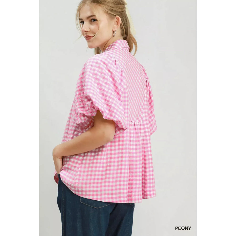 Umgee Smocked Yoke Puff Sleeve Gingham Blouse Apparel and Accessories