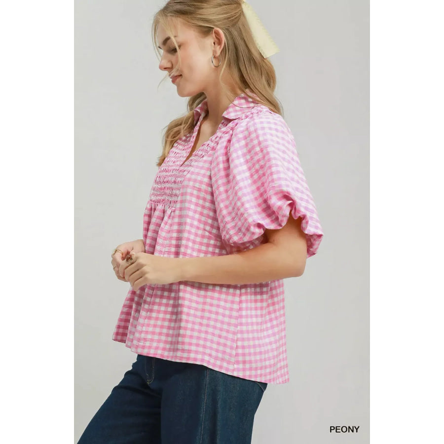 Umgee Smocked Yoke Puff Sleeve Gingham Blouse Apparel and Accessories