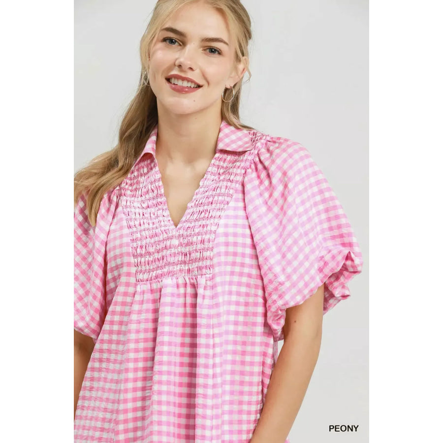 Umgee Smocked Yoke Puff Sleeve Gingham Blouse Apparel and Accessories