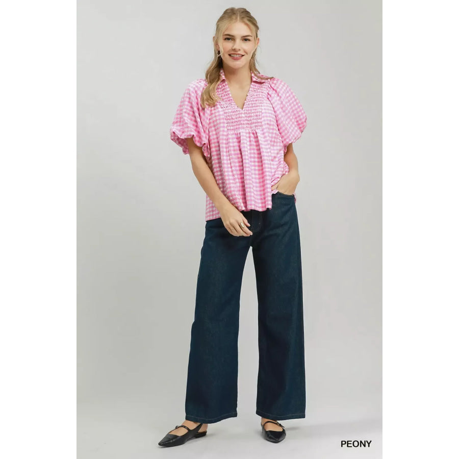 Umgee Smocked Yoke Puff Sleeve Gingham Blouse Apparel and Accessories