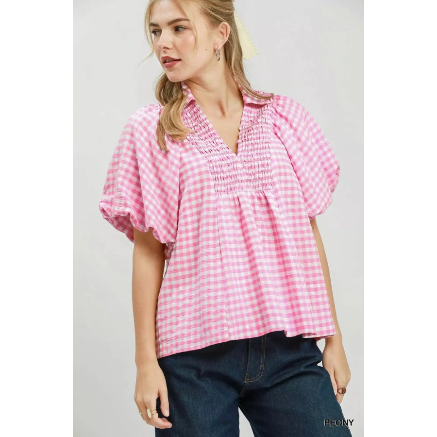 Umgee Smocked Yoke Puff Sleeve Gingham Blouse PEONY / S Apparel and Accessories