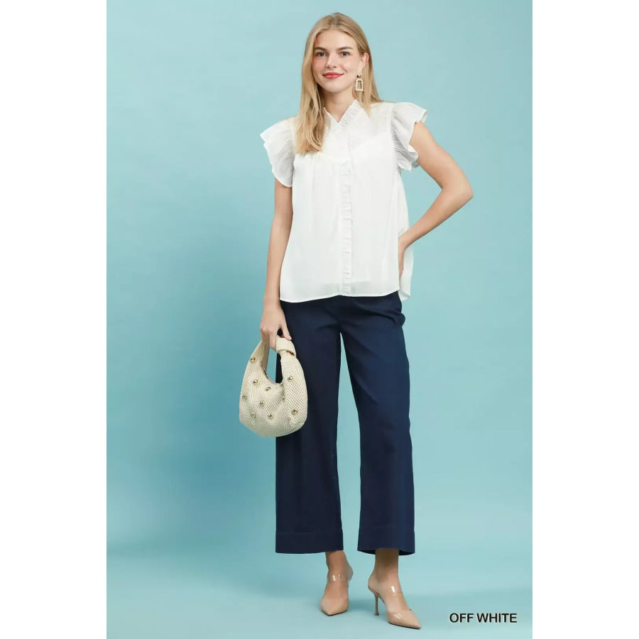 Umgee Smocked Yoke Ruffle Sleeve Blouse Apparel and Accessories