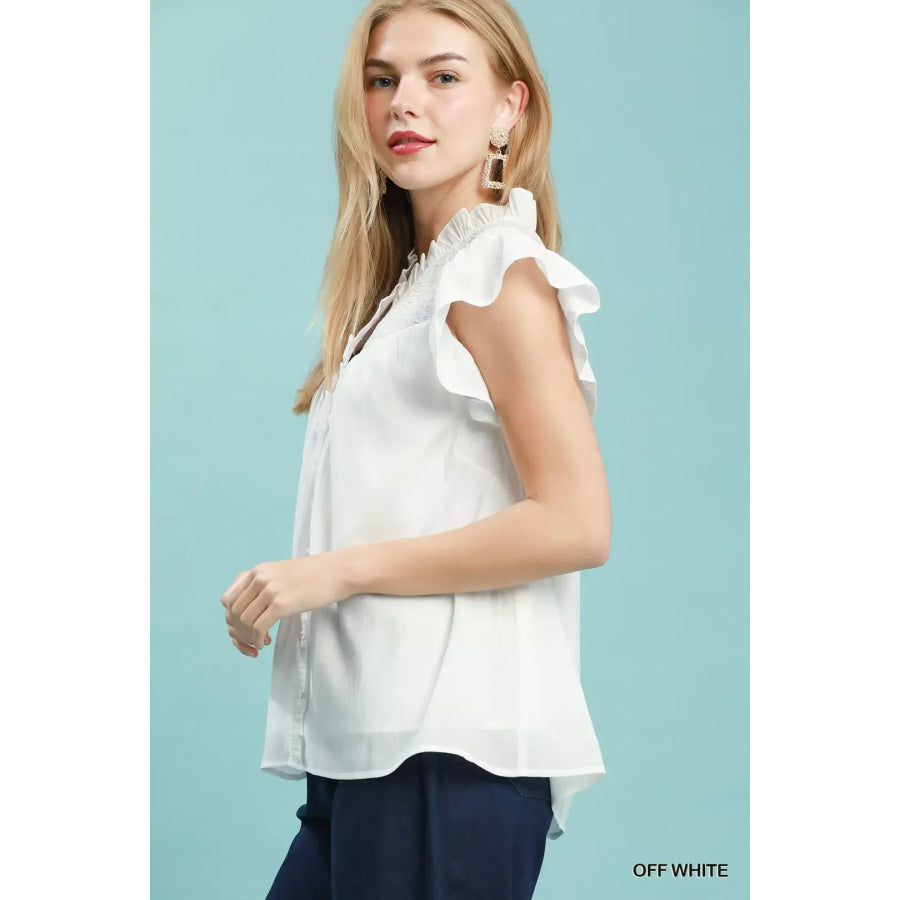 Umgee Smocked Yoke Ruffle Sleeve Blouse Apparel and Accessories