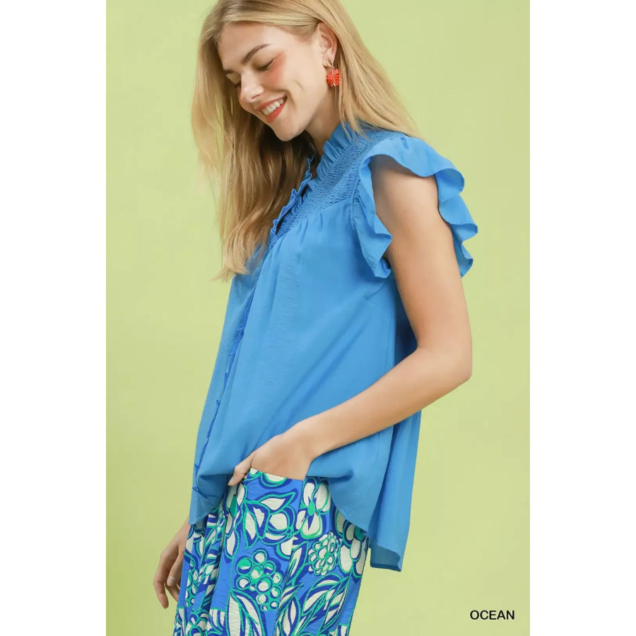 Umgee Smocked Yoke Ruffle Sleeve Blouse Apparel and Accessories