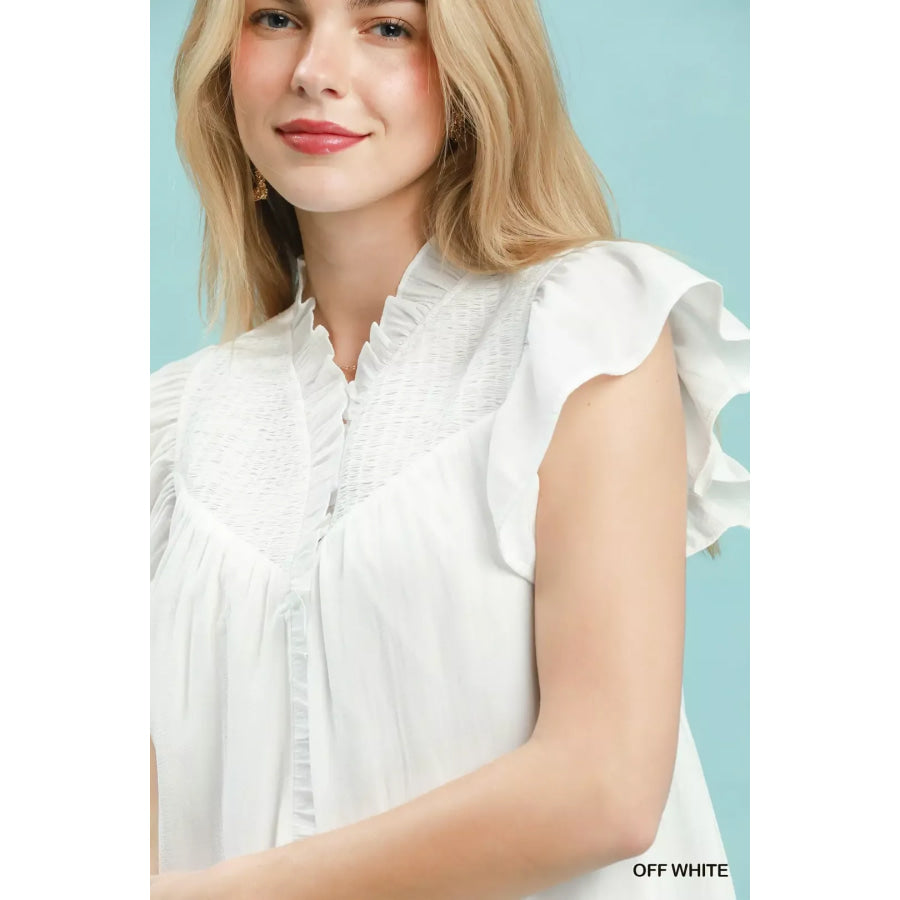 Umgee Smocked Yoke Ruffle Sleeve Blouse Apparel and Accessories