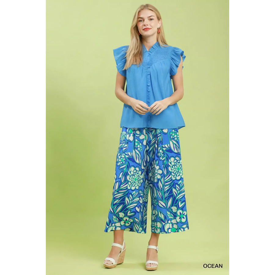 Umgee Smocked Yoke Ruffle Sleeve Blouse Apparel and Accessories