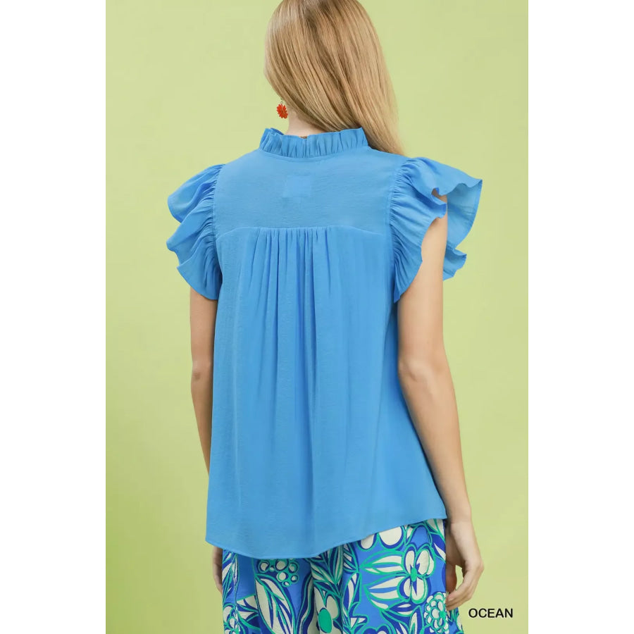 Umgee Smocked Yoke Ruffle Sleeve Blouse Apparel and Accessories