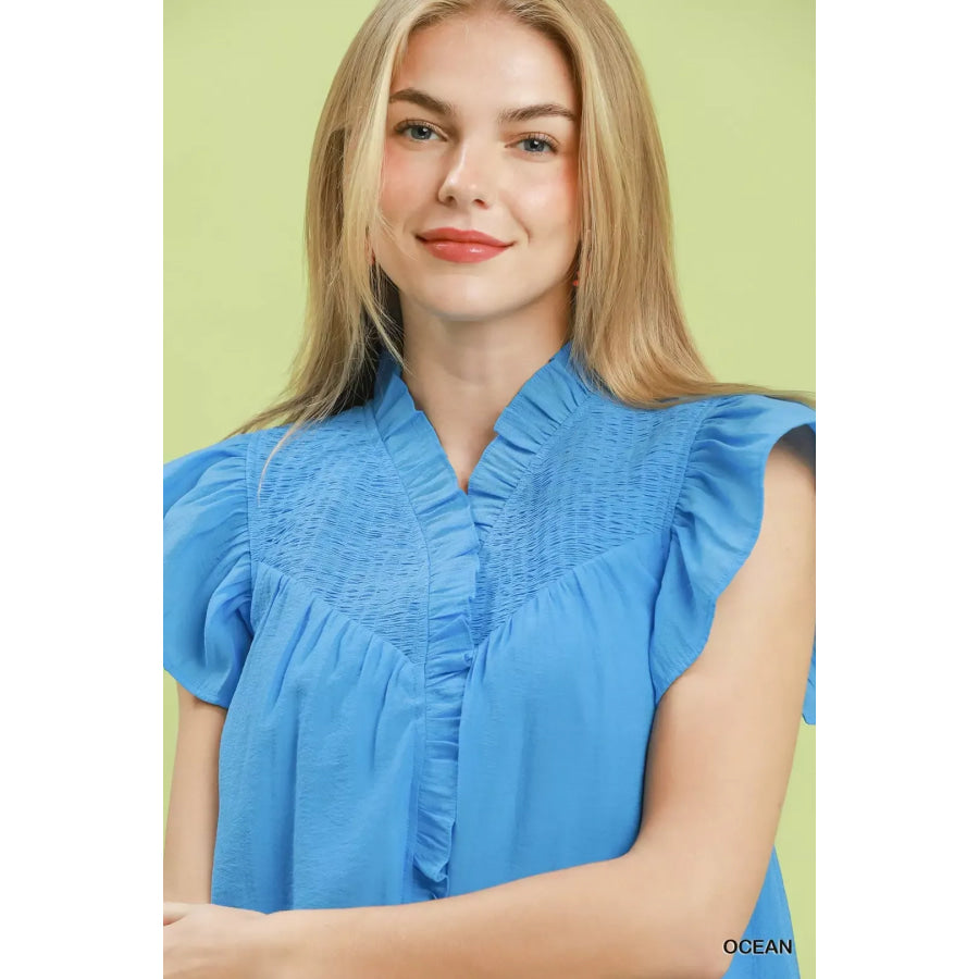 Umgee Smocked Yoke Ruffle Sleeve Blouse Apparel and Accessories