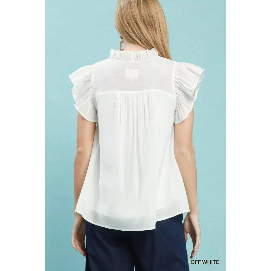 Umgee Smocked Yoke Ruffle Sleeve Blouse OFF WHITE / S Apparel and Accessories