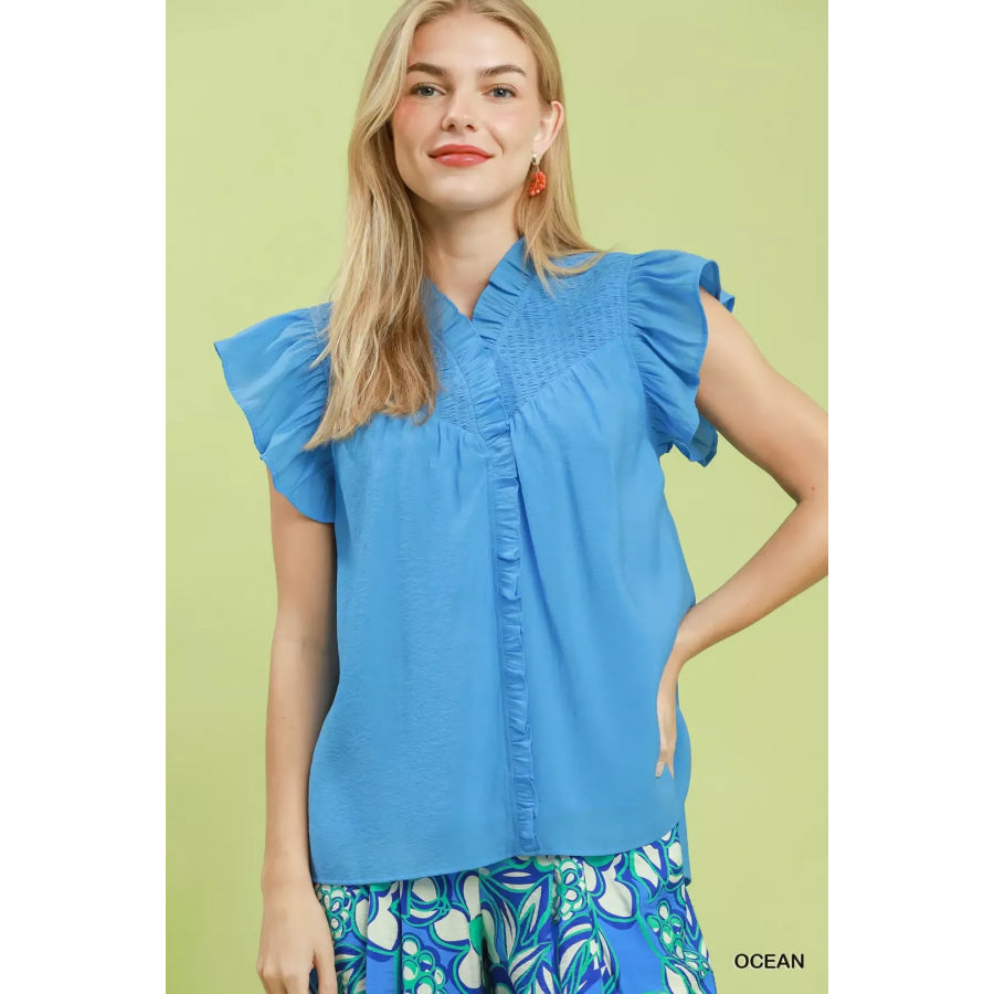 Umgee Smocked Yoke Ruffle Sleeve Blouse OCEAN / S Apparel and Accessories