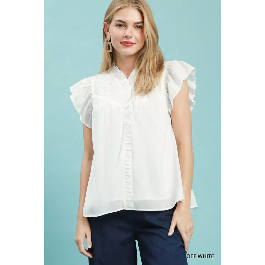 Umgee Smocked Yoke Ruffle Sleeve Blouse OFF WHITE / S Apparel and Accessories