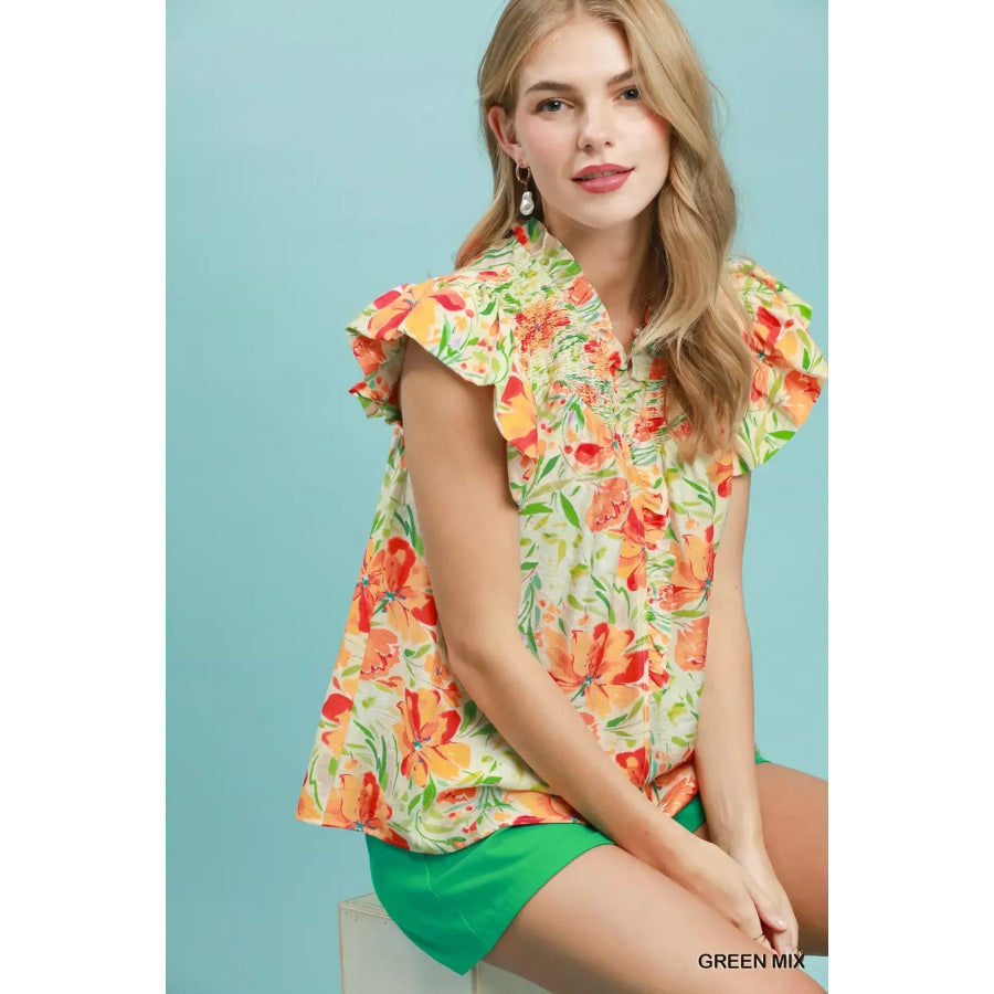 Umgee Smocked Yoke Ruffle Sleeve Floral Blouse Apparel and Accessories