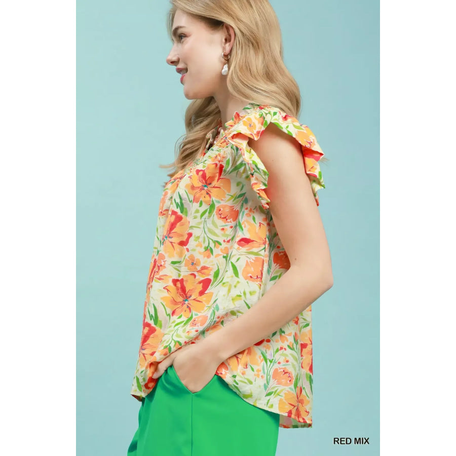 Umgee Smocked Yoke Ruffle Sleeve Floral Blouse Apparel and Accessories