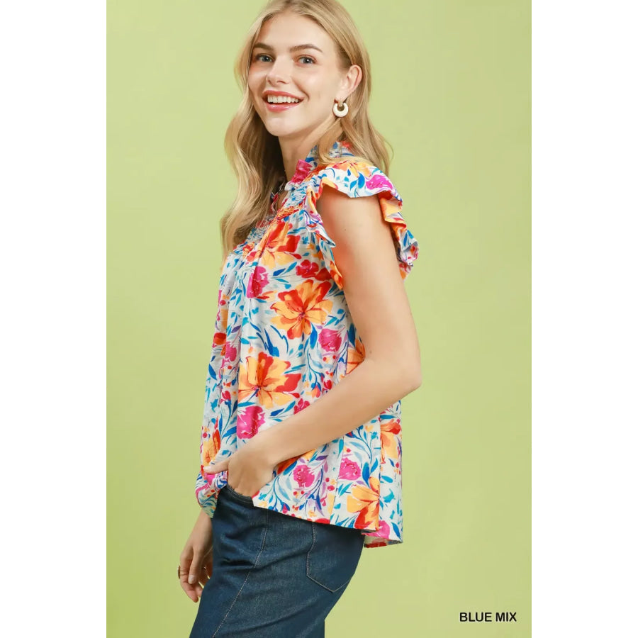 Umgee Smocked Yoke Ruffle Sleeve Floral Blouse BLUE MIX / S Apparel and Accessories