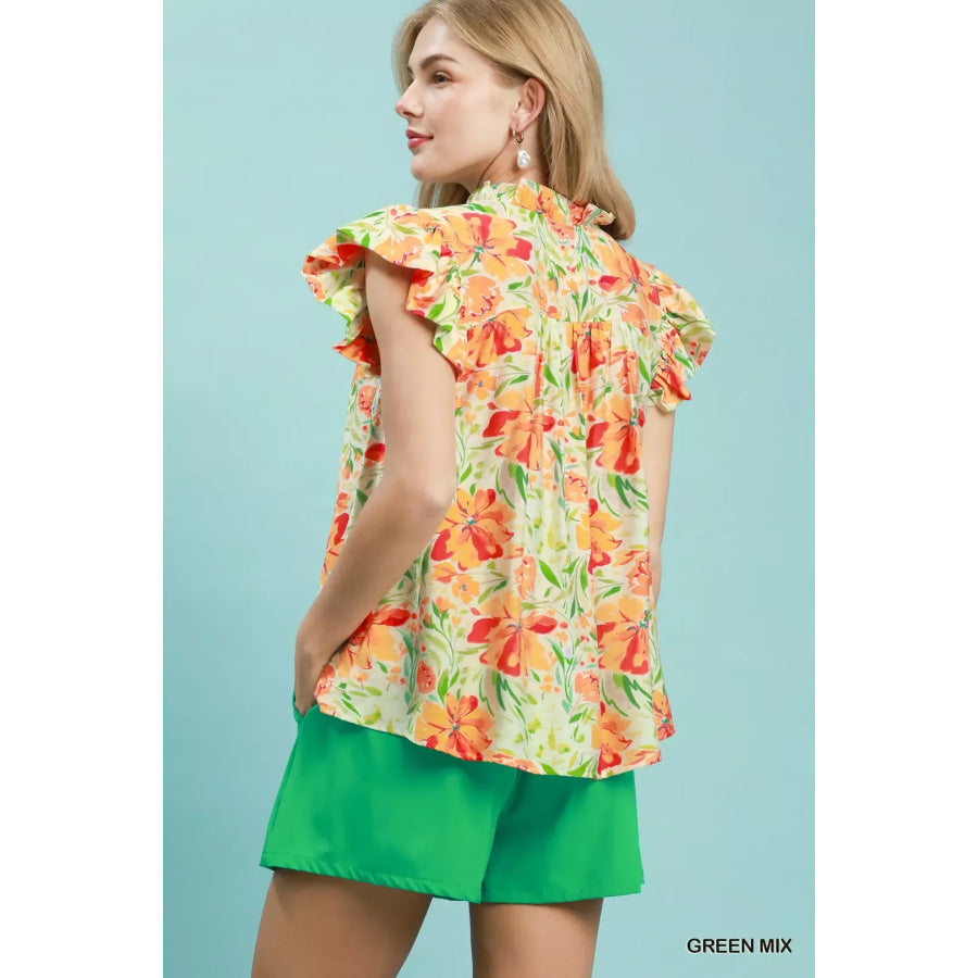 Umgee Smocked Yoke Ruffle Sleeve Floral Blouse GREEN MIX / S Apparel and Accessories