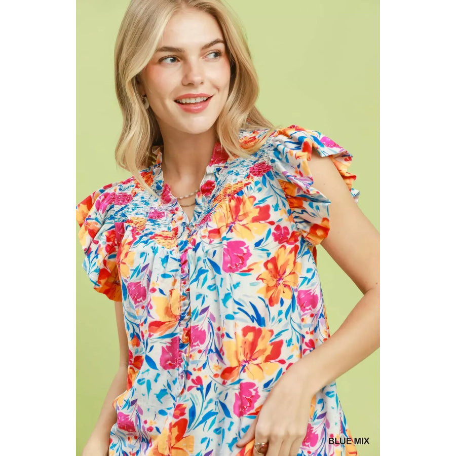 Umgee Smocked Yoke Ruffle Sleeve Floral Blouse Apparel and Accessories
