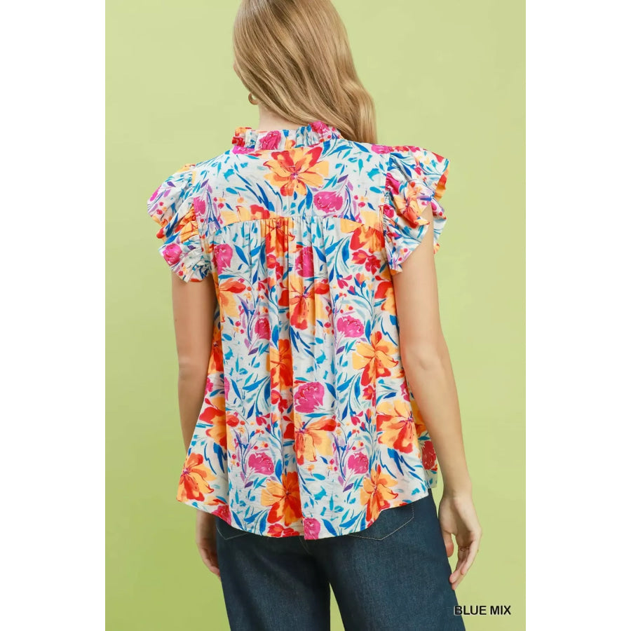Umgee Smocked Yoke Ruffle Sleeve Floral Blouse Apparel and Accessories