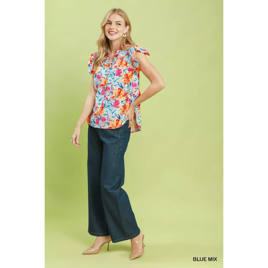 Umgee Smocked Yoke Ruffle Sleeve Floral Blouse Apparel and Accessories