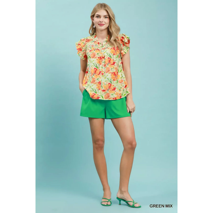 Umgee Smocked Yoke Ruffle Sleeve Floral Blouse Apparel and Accessories