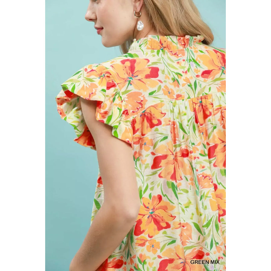 Umgee Smocked Yoke Ruffle Sleeve Floral Blouse Apparel and Accessories