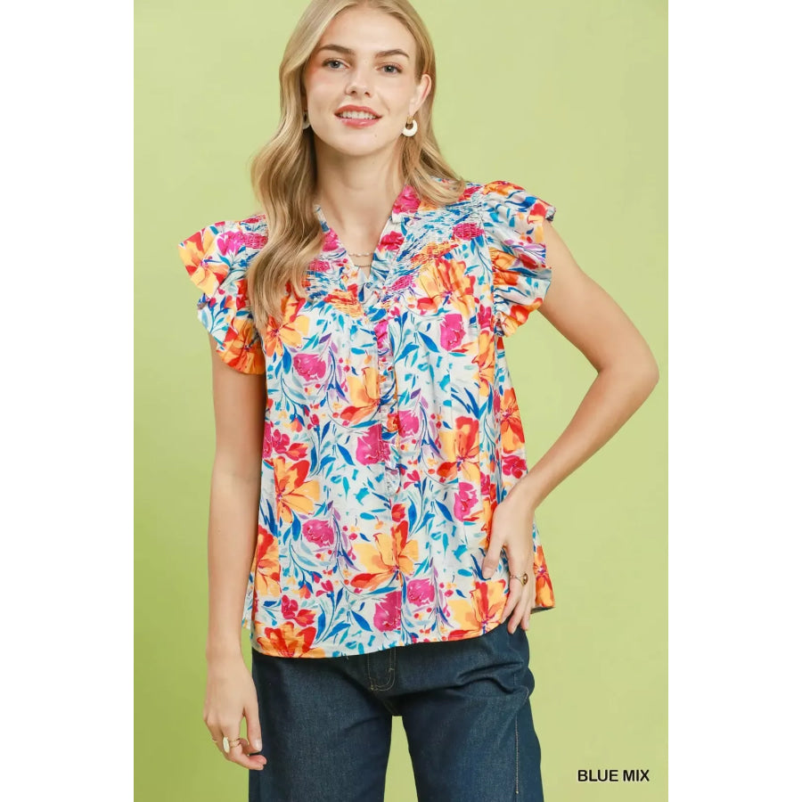 Umgee Smocked Yoke Ruffle Sleeve Floral Blouse BLUE MIX / S Apparel and Accessories