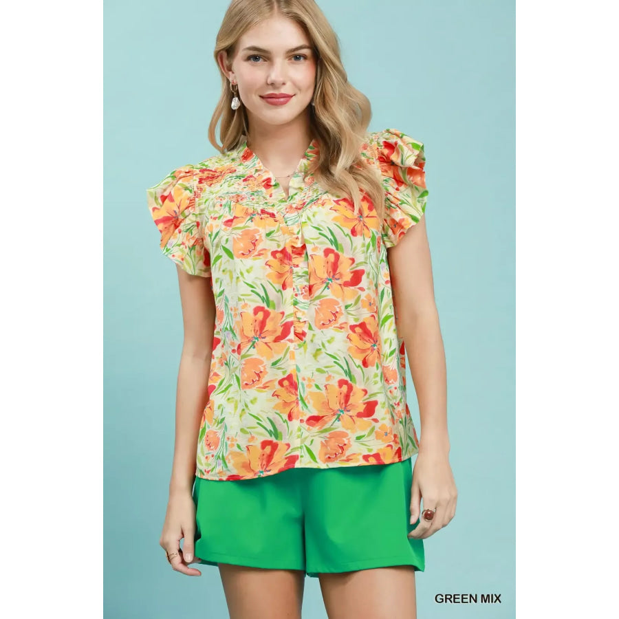 Umgee Smocked Yoke Ruffle Sleeve Floral Blouse GREEN MIX / S Apparel and Accessories