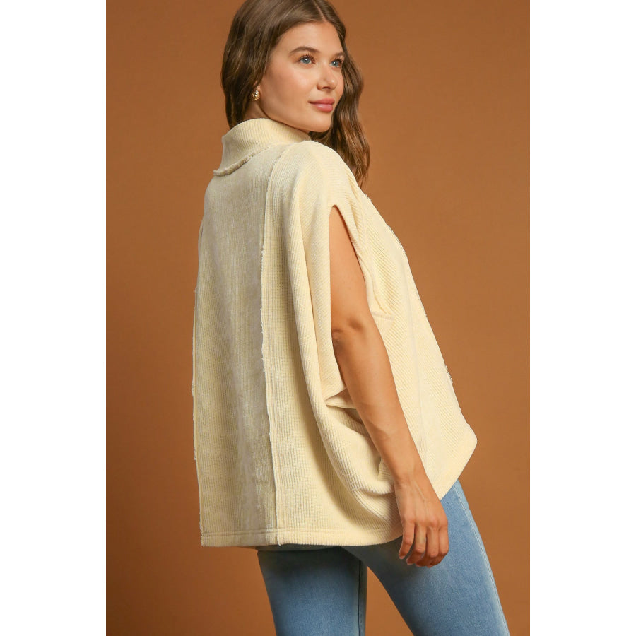 Umgee Solid Color Mock Neck Short Sleeve Top Cream / S Apparel and Accessories