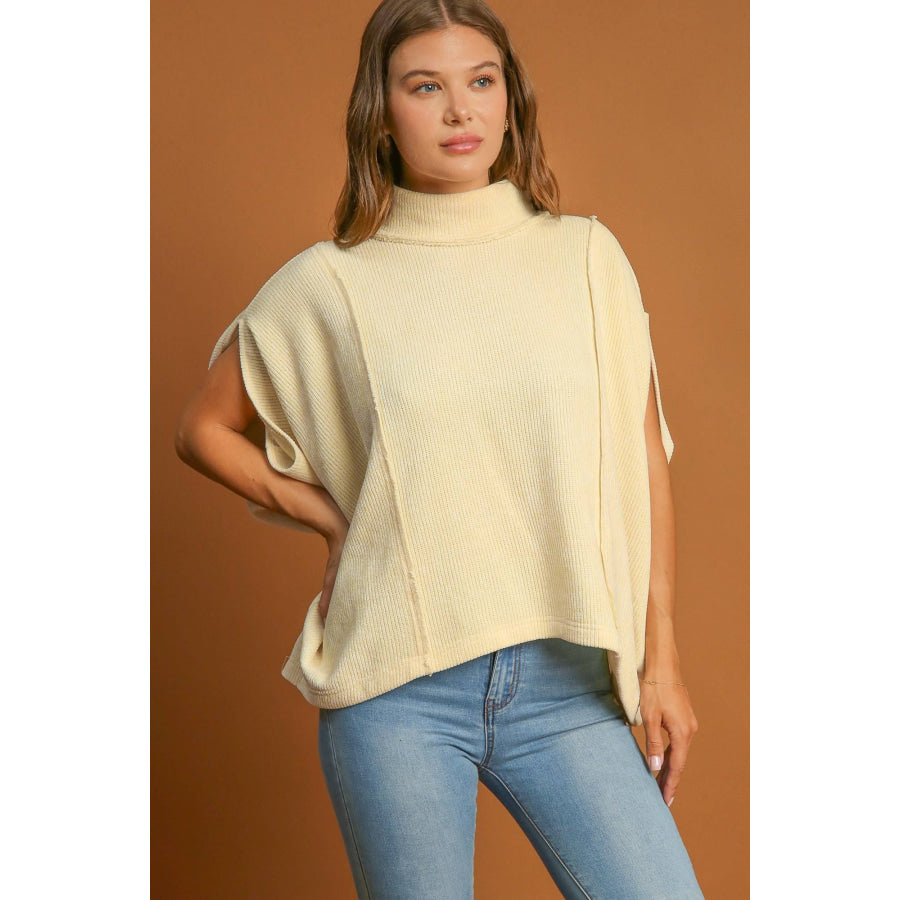 Umgee Solid Color Mock Neck Short Sleeve Top Cream / S Apparel and Accessories