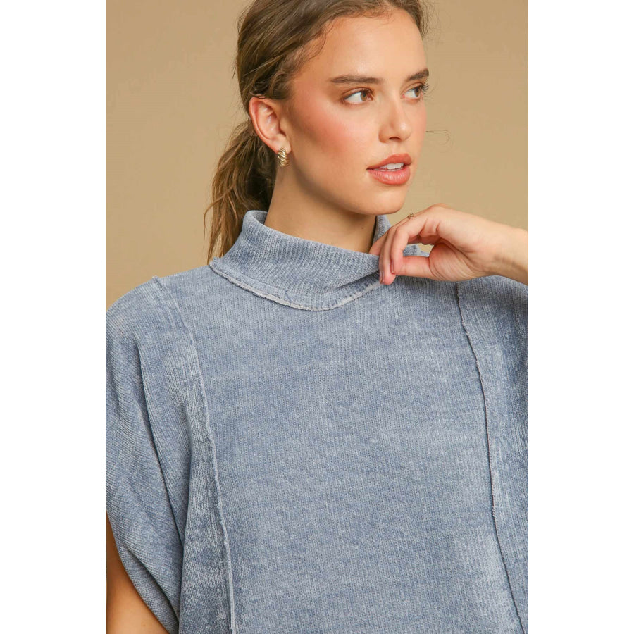 Umgee Solid Color Mock Neck Short Sleeve Top Light Blue / S Apparel and Accessories
