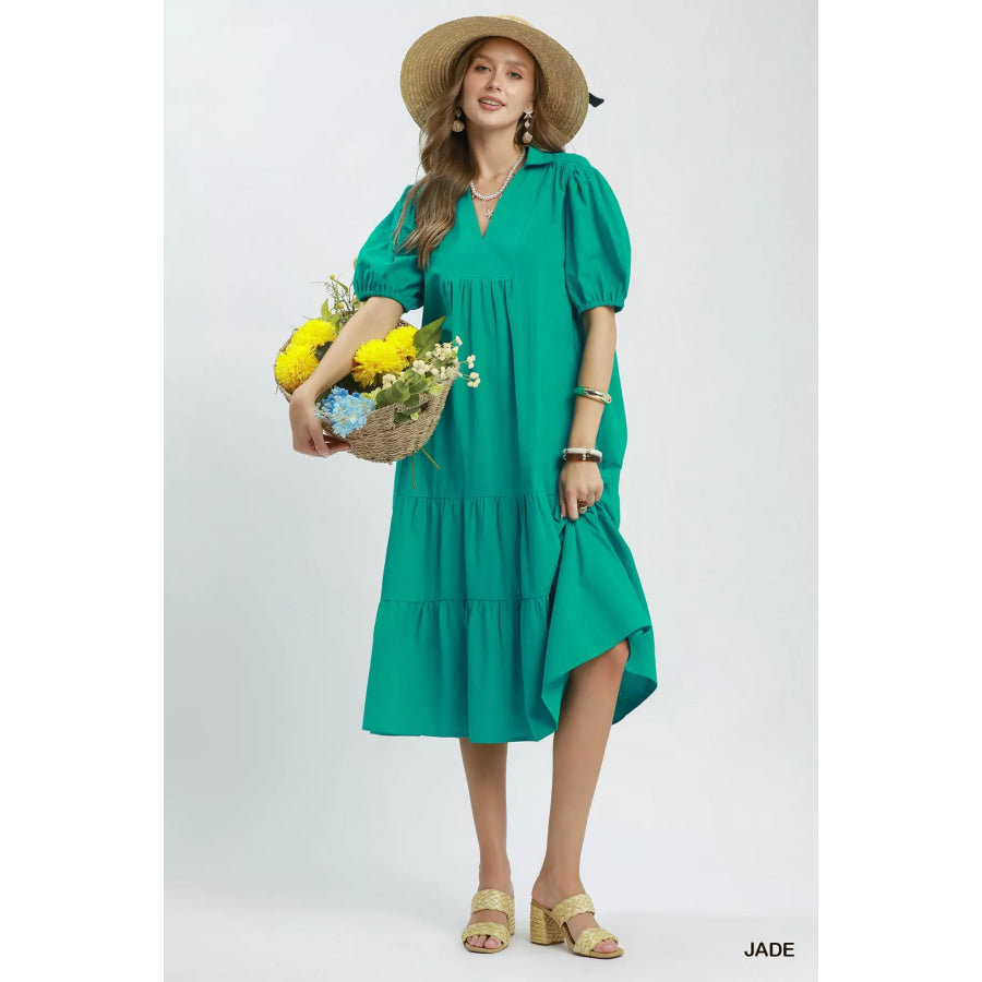 Umgee Solid Tiered Midi Dress Apparel and Accessories
