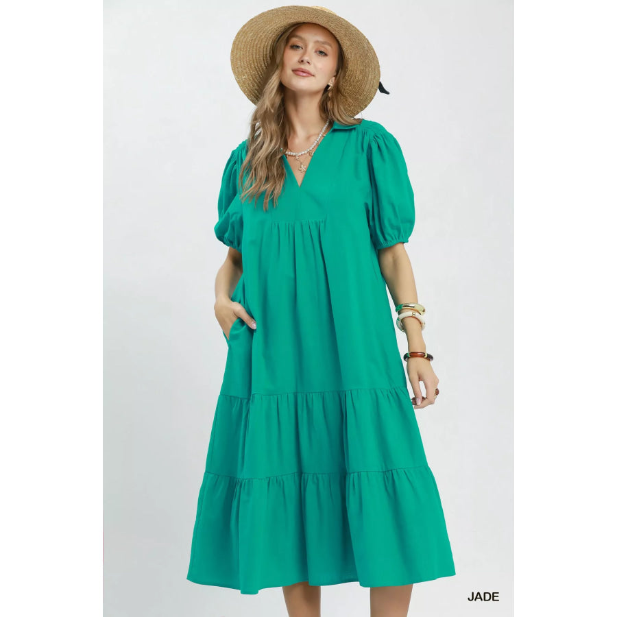 Umgee Solid Tiered Midi Dress JADE / S Apparel and Accessories