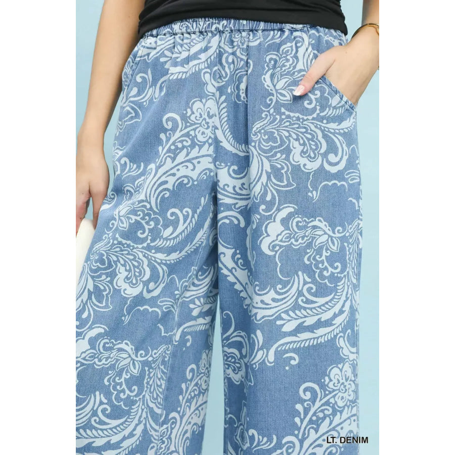 Umgee Stone Wash Wide Leg Crop Pants Apparel and Accessories