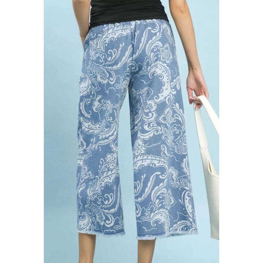 Umgee Stone Wash Wide Leg Crop Pants Apparel and Accessories