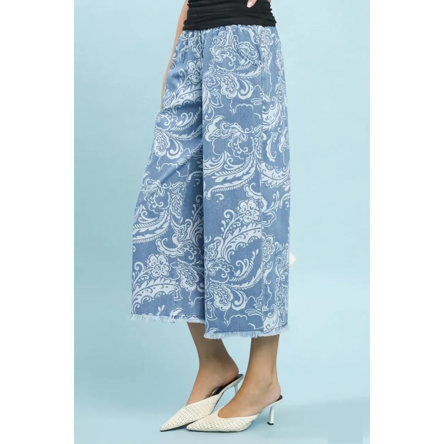 Umgee Stone Wash Wide Leg Crop Pants LT. DENIM / S Apparel and Accessories