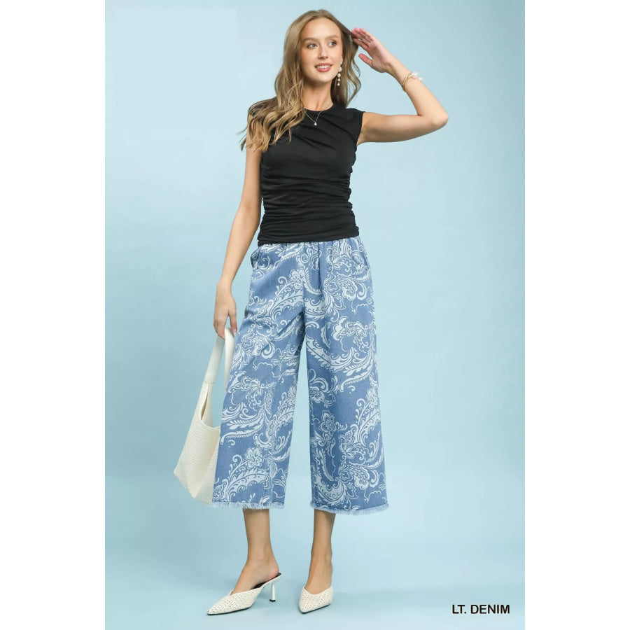 Umgee Stone Wash Wide Leg Crop Pants Apparel and Accessories