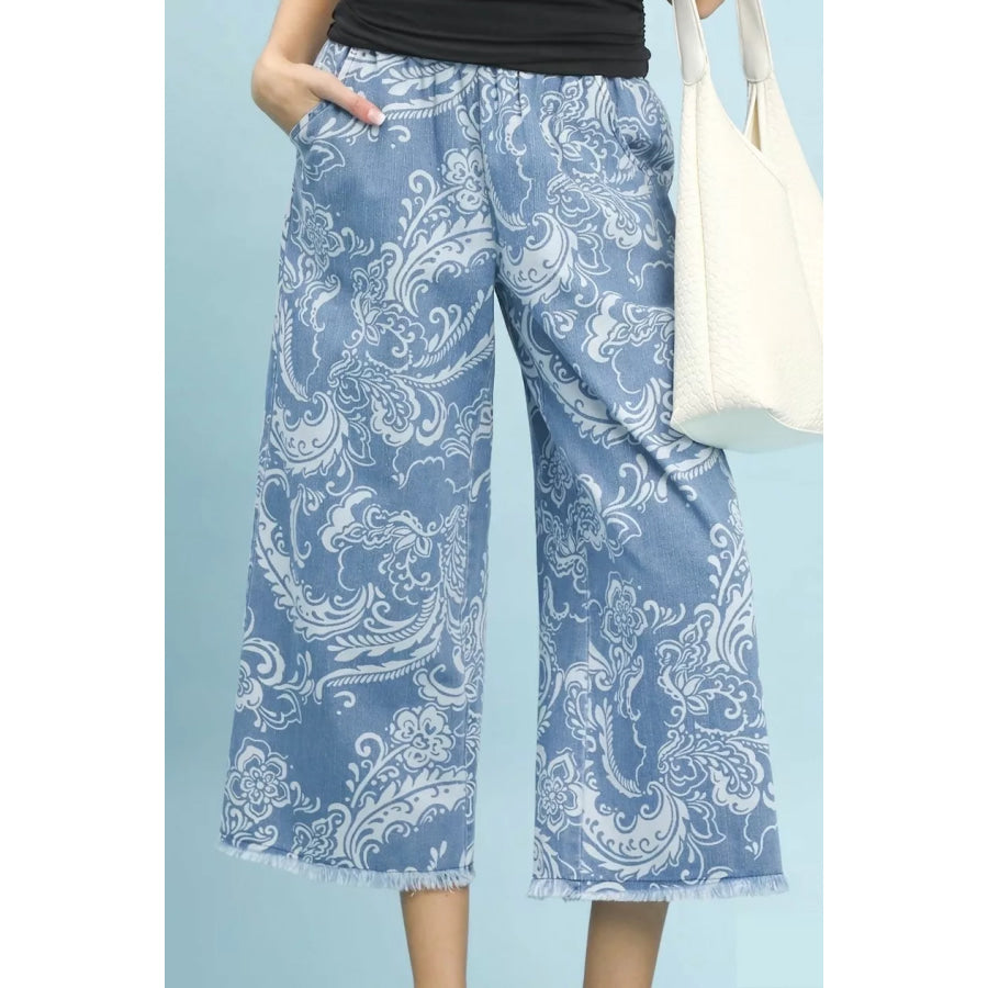 Umgee Stone Wash Wide Leg Crop Pants LT. DENIM / S Apparel and Accessories