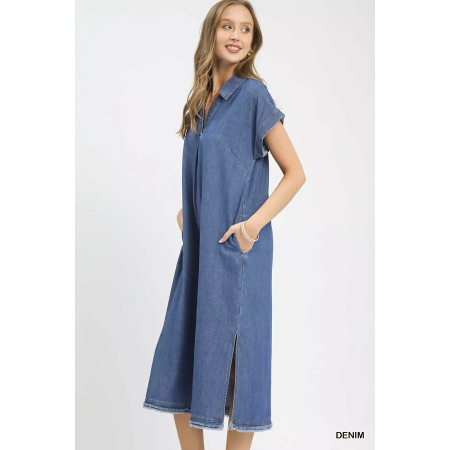 Umgee Stone Washed Collared Denim Midi Dress DENIM / S Apparel and Accessories