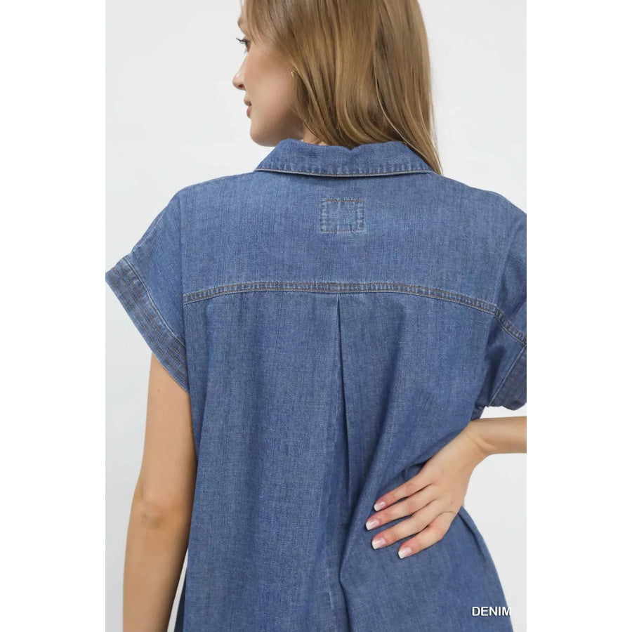 Umgee Stone Washed Collared Denim Midi Dress Apparel and Accessories