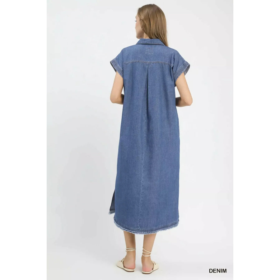 Umgee Stone Washed Collared Denim Midi Dress Apparel and Accessories