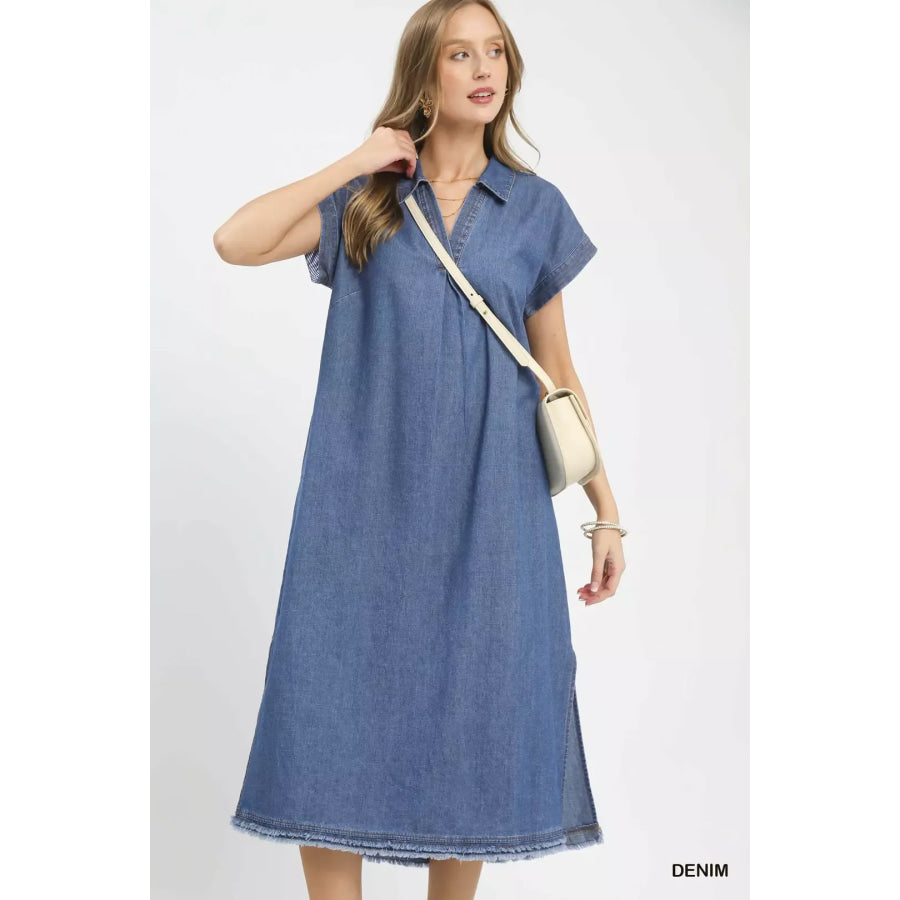 Umgee Stone Washed Collared Denim Midi Dress Apparel and Accessories