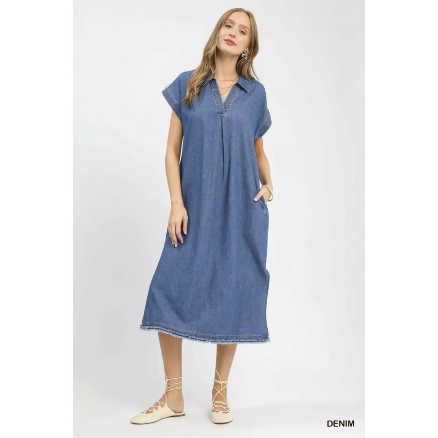 Umgee Stone Washed Collared Denim Midi Dress DENIM / S Apparel and Accessories