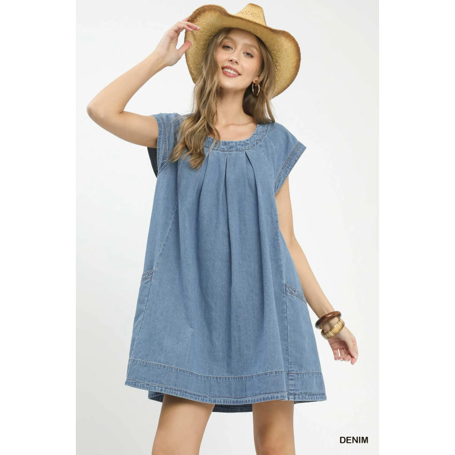Umgee Stone Washed Denim Mini Dress DENIM / S Apparel and Accessories