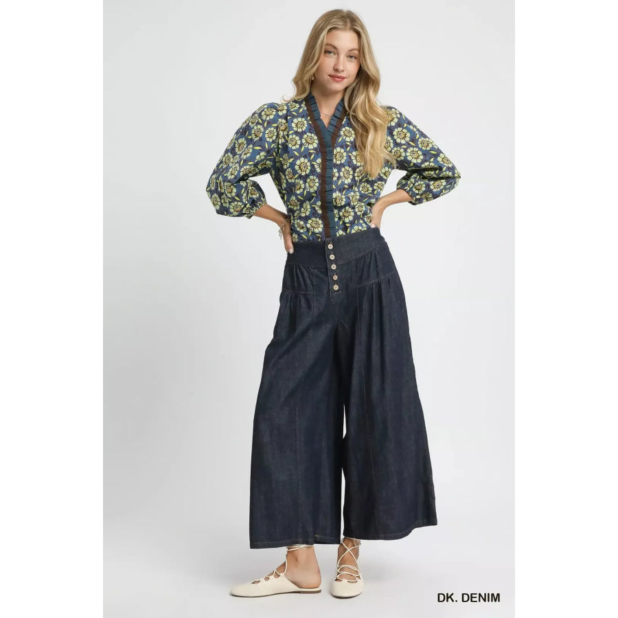 Umgee Stone Washed Wide-Leg Button-Front Culottes Apparel and Accessories
